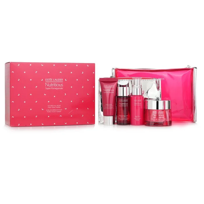 Nutritious Super-pomegranate Nourish All Night Set: Night Creme+ Milky Lotion+ Lotion Intense Moist+ Cleansing Form... - 4pcs+2bags