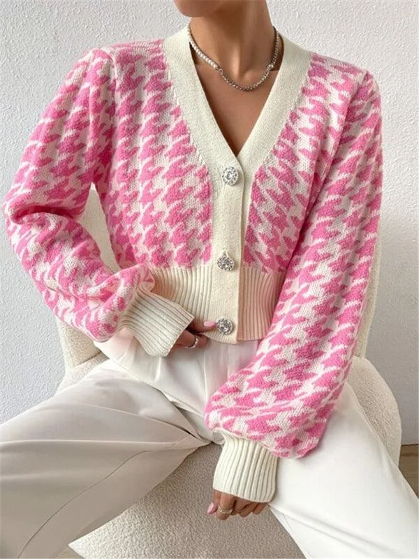 Houndstooth Lantern Sleeve Cardigan Sweater