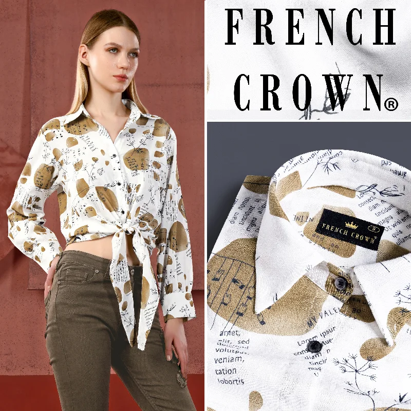 Bright White and Muesli Brown Abstract Printed Premium Tencel Tie Up Style Crop Shirt