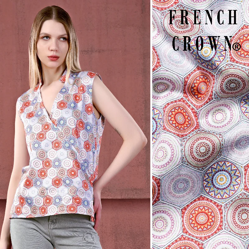 Merlot Red and White Multicolour Hexagonal Printed Premium Cotton Sleeveless Shirt